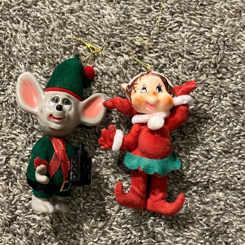 Vintage Christmas Elf and Mouse Ornaments